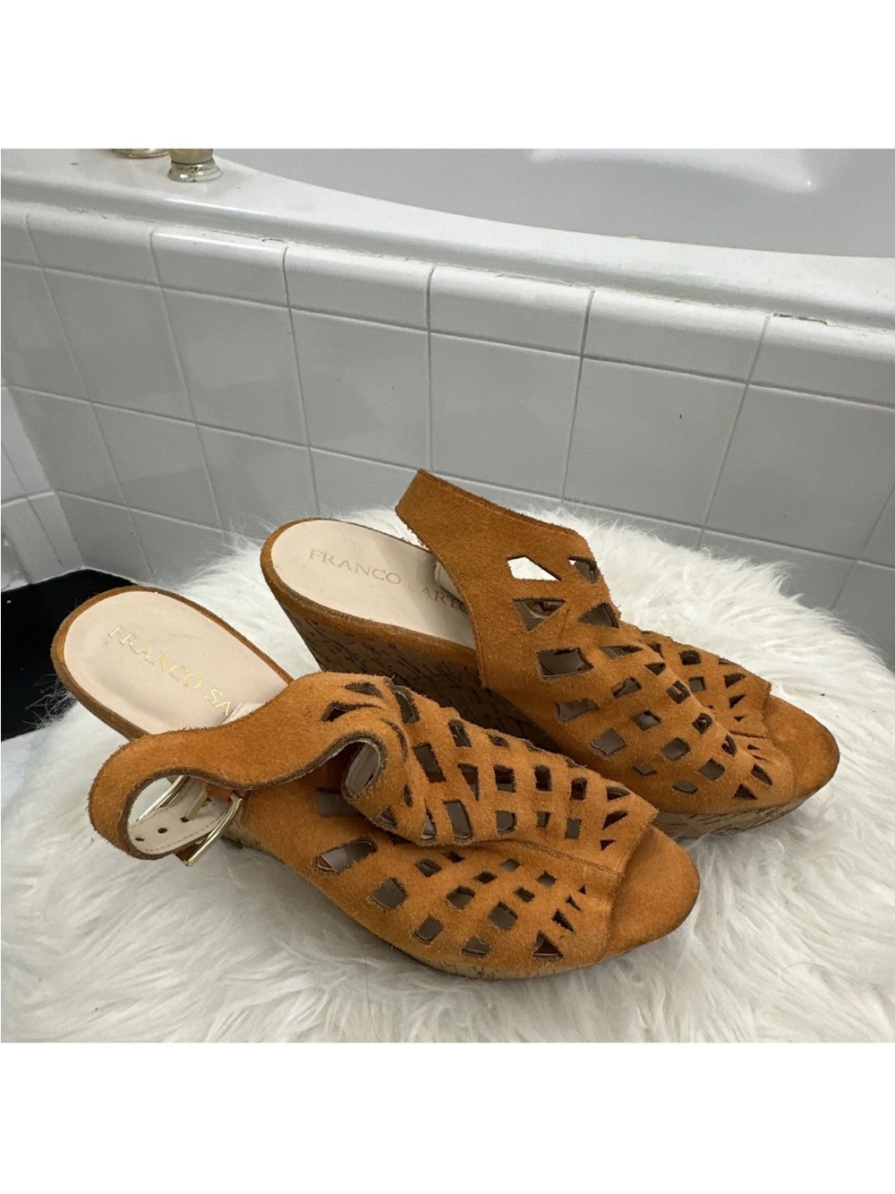 Franco Sarto Cognac Suede Cutout Wedge Sandals